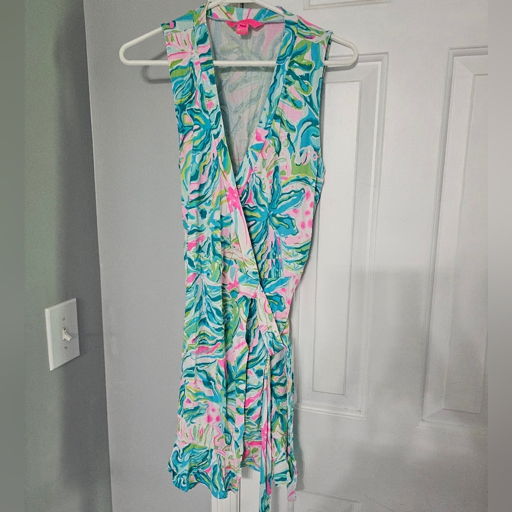 Lilly Pulitzer Wrap Dress in Pink & Aqua Tropical Print